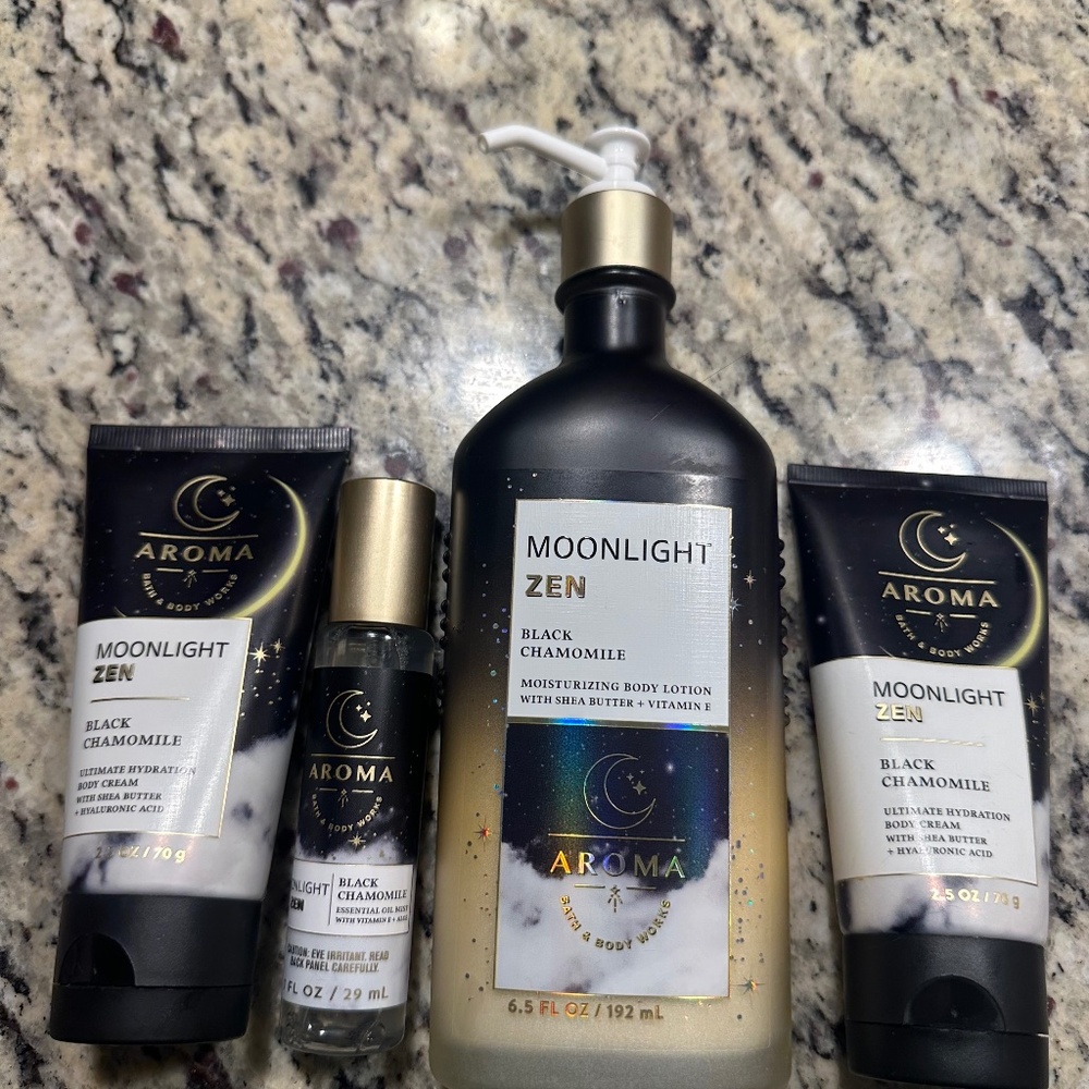 NWT Bath & Body Works Moonlight Zen Black Chamomile 4 piece set Lotion Spray